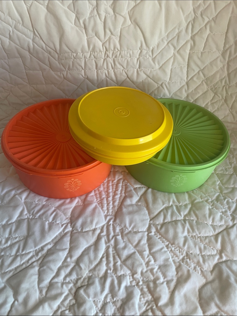 Tupperware Orange, Yellow & Green Round Storage Bowls with Lids